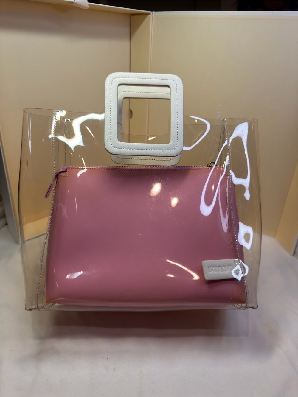 STAUD Clear Tote with Pink Insert and White Square Handle